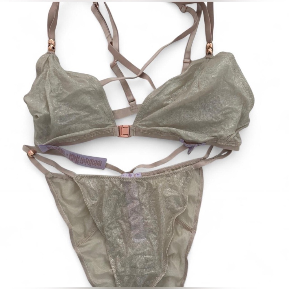 Savage X Fenty mint green Sparkly Strappy Bralette and Panty and skirt